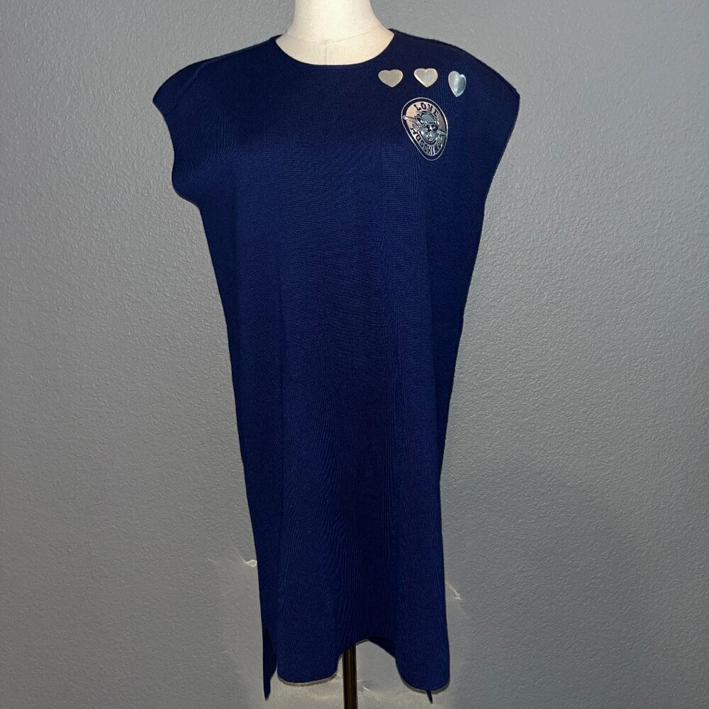 MOSCHINO LOVE BLUE KNIT TUNIC DRESS 3 HEARTS with AIRPLANE LOGO OVERSIZED US 4